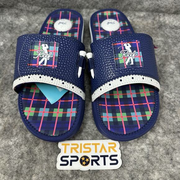 Reef Mulligan Golf Slide Mens Size 11 Blue Plaid Scottish Matters 2 Sandal - Picture 2 of 8